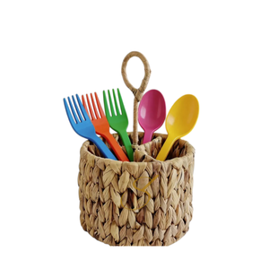 Handmade Water Hyacinth Utensil Caddy with Handle , 4 Section Woven Cutlery Holder for Dining <b>Table</b> - Product Image 3