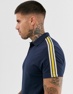 Polo à manches courtes bleu marine pour homme avec manches rayées jaunes et blanches, style décontracté tissé - Product Image 4