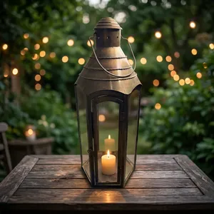 Artisan Design Handmade Iron and Glass <b>Lantern</b> <b>Candle</b> <b>Holder</b> with Glass Panels and Handle for Home Decoration - Product Image 1