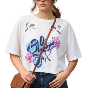 Women's Cropped Oversized T Shirt Breathable Knitted Half Sleeve V Neck Custom Print Casual Summer <b>Tee</b> - Product Image 1