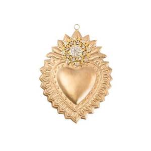 Antique Gold Sacred Heart <b>Wall</b> Art Crown Rose Accent Brass Flaming Sunburst Plaque Mexican Folk Art <b>Decor</b> - Product Image 3