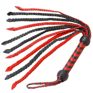 Professional <b>Leather</b> <b>Flogger</b> Red Black Braided Whips with Knotted Handle - Product Image 2