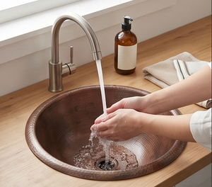 Évier de cuisine rond en cuivre fait main élégant, à cuve unique, surface brossée mate, design rustique, installation sur plan. - Product Image 5