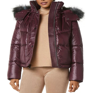 Women's Winter <b>Quilted</b> Puffer <b>Jacket</b> With Fur Trim Hood Full Sleeve Short Length Thick Warm Coat Zipper Closure Solid Color - Product Image 1