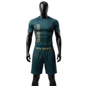 Ensemble T-shirt et short de compression pour homme, couleur vert-bleu foncé et or, séchage rapide, extensible, pour la gym, le fitness, l'entraînement, la course à pied, les vêtements de sport athlétiques - Product Image 1