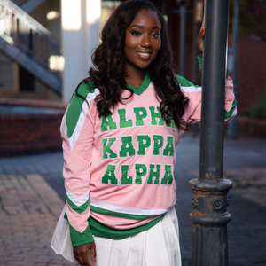 Pink Long Sleeve Jersey Women V Neck Varsity Sports <b>Shirt</b> 08 Graphic Athletic Hockey Style Collegiate - Product Image 1