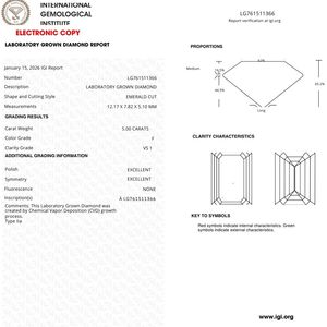 เพชรทรงเอเมอรัลด์ 5.00 กะรัต สี F ความสะอาด VS1 เพชรเพาะเลี้ยงในห้องปฏิบัติการ รับรองโดย IGI สำหรับทำเครื่องประดับ - Product Image 3