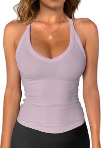 Nueva Camiseta sin Mangas para Gimnasio 2026 para Mujer, Morada, con Cuello Halter de Encaje Acanalado, Tejido Casual, Color Sólido, Transpirable, Ecológica y de Secado Rápido - Product Image 2