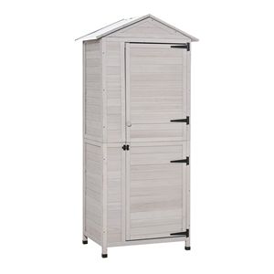 Armadio Porta Attrezzi da Giardino in Legno Grigio Chiaro a 4 Ripiani, Organizzatore da Esterno a 3 Scaffali con Chiusura Magnetica e Tetto in Lamiera - Product Image 1