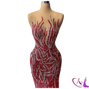 Robe de soirée longue en dentelle et sequins, ornée de perles, pour femmes |   Robe de soirée/mariage sans bretelles à col illusion ornée de cristaux - Product Image 3