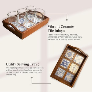 Bandeja de Servir de Madera Hecha a Mano con Incrustaciones de Azulejos de Cerámica Azul, Bandeja Decorativa para Té y Café - Product Image 6