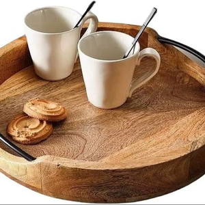 Plateau rond en bois de noyer noir de 12 pouces, plateau de service décoratif en bois avec poignées - Product Image 1