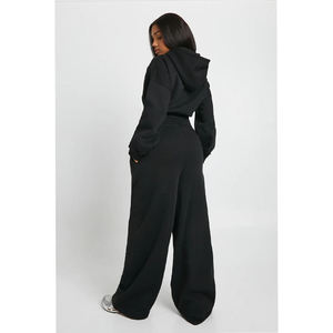 Conjunto Casual de Dos Piezas para Mujer, Chaqueta con Capucha y Pantalones Anchos, Ropa Deportiva Tejida Negra, Corte Holgado, para Todas las Temporadas - Product Image 2