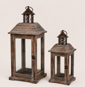 Rustic Wooden Candle <b>Lantern</b> <b>Set</b> of 2 with Metal Top Vintage Distressed Wood Floor <b>Lanterns</b> for Farmhouse Home Decor & Lighting - Product Image 1