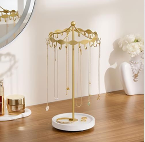 Rotating two-tier gold metal jewellery display stand with <b>hooks</b> and catchall dish base, available at wholesale prices. - Product Image 2