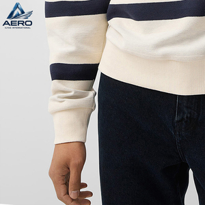 Sweat-shirt rayé pour homme en gros, col rond, épaules tombantes, rayures horizontales blanc cassé et bleu marine, personnalisable, pour tenue décontractée - Product Image 5