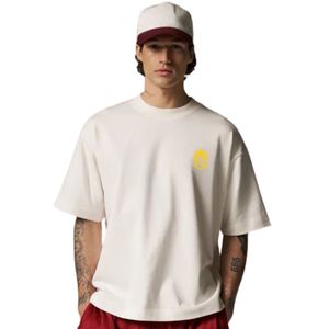 Men Oversized Cream T Shirt Short Sleeve Crew Neck Cotton Casual Streetwear Top <b>Small</b> <b>Chest</b> Logo Print Summer Tee - Product Image 5