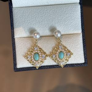 Pendientes Colgantes de Estilo Chino Retro al por Mayor, Perla Natural de Agua Dulce y Turquesa con Diamantes para Venta al por Menor y al por Mayor - Product Image 1