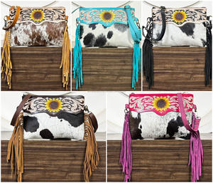 Best-Selling High Quality Sunflower Design Tooled Leather Boho Fringe Bags Low Price Cowhide Leather Crossbody Handbag For Women - Product Image 5