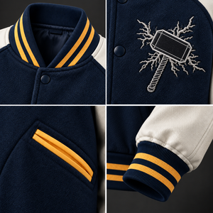 เสื้อแจ็คเก็ตบอมเบอร์วาร์ซิตี้ผู้ชาย แจ็คเก็ตเบสบอลแบบ Letterman สีกรมท่า แขนสีขาว สไตล์วิทยาลัย สตรีทแวร์ รับผลิตแบบ OEM แบรนด์ส่วนตัว ขายส่ง - Product Image 4