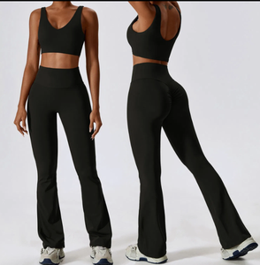 Women Black Seamless Yoga Sports Bra Set VNeck Racerback Medium Support Solid Color High Waist <b>Flared</b> <b>Leggings</b> - Product Image 1