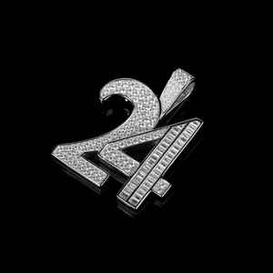Luxury Number 24 Pendant With Baguette Cut Diamonds Channel Set 925 Silver Rhodium Plated Unisex <b>Charm</b> - Product Image 3