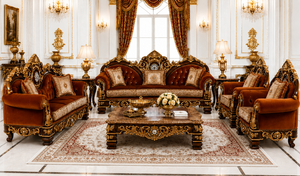 Premium Gold Leaf Finished 8 Seater Sofa Set with Intricate Floral Carving Hot Selling Living Room Furniture Classic <b>Seating</b> Set - Product Image 4