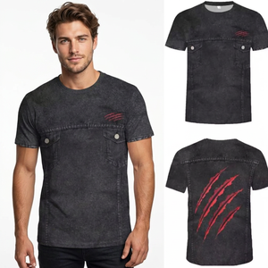 Camiseta de estilo vaquero para hombre, manga corta, cuello redondo, estampado de garra, corte regular informal, 100% algodón, transpirable, de Bangladesh - Product Image 1