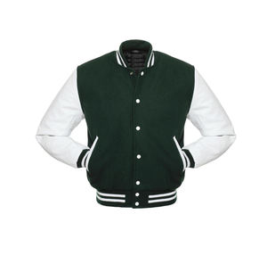 Chaqueta Varsity con Capucha Verde Oscuro, Cuello Alto, Mangas Blancas, Cierre de Cremallera, 100% Lana, Opciones Personalizables, Cálida para Invierno, Unisex - Product Image 1