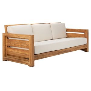 Solid Teak Wood Outdoor Sofa 3 Seater Patio Couch with Thick Cream Fabric Cushions - Product Image 1