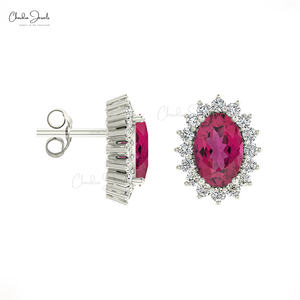 Nouveauté : Boucles d'oreilles clous en or massif 14 carats avec tourmaline rose et halo de diamants 0,22 carats au total, fermoir poussoir, bijoux fins pour femme, vente en gros - Product Image 3