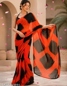 Sari KV para Mujer, Estampado Shibori Naranja y Negro, Rayón Puro, Secado Rápido, Otoño - Product Image 2