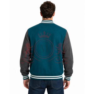 Nouvelle arrivée : veste de style universitaire bleu sarcelle et noir, fermeture à boutons pression, col côtelé, confortable, décontractée, à porter au quotidien - Product Image 3