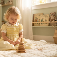 OEM ODM Vestido de Verano para Bebé Niña, Estilo Inglés, Hecho a Mano, con Mangas Abullonadas, hasta la Rodilla, con Rayas Geométricas Amarillas en Satén, Diseño Personalizado