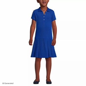 Robe uniforme scolaire en coton bleu pour filles, style jupe à manches courtes en tissu tricoté - Product Image 1