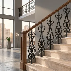 European Style Wooden Staircase <b>Handrail</b> with Black <b>Wrought</b> <b>Iron</b> Balusters - Product Image 6