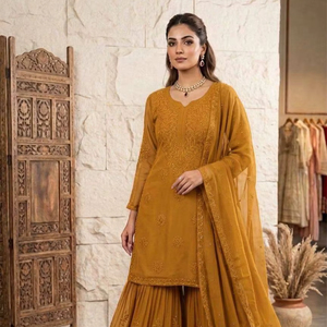 <b>Party</b> Wear Sharara Suit Set with Embroidered Georgette Dupatta & GPO Lace Design - Product Image 1
