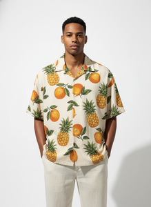 Camisa Hawaiana para Hombre, Manga Corta, Estampado de Piña Naranja, Algodón Popelina Transpirable, Estilo Vacacional, Cuello con Botones - Product Image 5