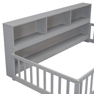 Letto a castello grigio con scaffali e sponde di protezione, struttura in legno resistente - Product Image 3