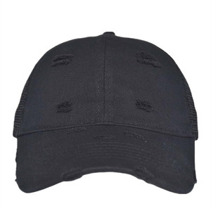 Gorra trucker personalizada de 6 paneles, de malla lisa, OEM, estilo vintage desgastado, sin estructura, negra con flecos, gorras deportivas en blanco de poliéster/algodón - Product Image 5
