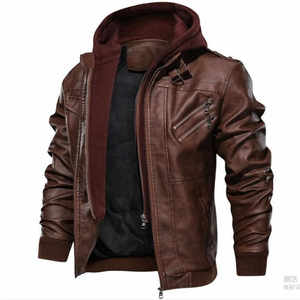 Veste moto en cuir PU marron pour homme avec fermeture éclair et poches, idéale pour l'automne - Product Image 4
