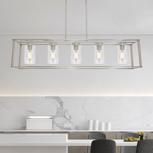 Lampadario a sospensione moderno a 5 luci per isola cucina, con paralume in vetro trasparente e gabbia lineare, per illuminazione sala da pranzo - Product Image 6