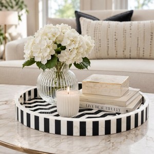 Handmade Bone Inlay Tray, Round Floral Serving Tray, Decorative <b>Table</b> Organizer, Housewarming Gift - Product Image 1