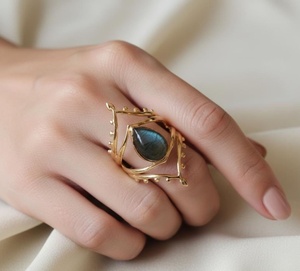 Wholesale Christian Bohemia Natural <b>Labradorite</b> Teardrop <b>Ring</b> 18K Gold Plated Brass Statement Jewelry for Women - Product Image 4