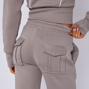 Ensemble de survêtement gris pour femme, coupe courte, à manches longues, avec capuche et fermeture éclair, décontracté, coupe ample, couleur unie, pantalon cargo d'automne avec poches latérales - Product Image 4