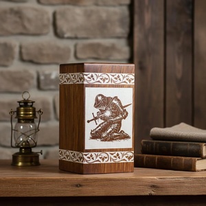 Engraved Knight Wooden Pet Cremation Urn Eco-Friendly Durable Ashes <b>Box</b> Custom <b>Memorial</b> Warrior Design - Product Image 5
