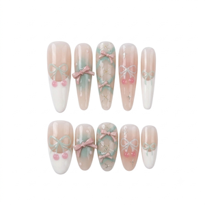 Gota de agua extra larga Base Rosa desnuda Balletcore Whispering Bows Diseño de dedo acrílico Prediseñado - Product Image 1