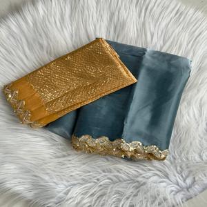 Sari indien en soie satinée avec dentelle brodée de sequins, séchage rapide, toutes saisons, pour fêtes et mariages - Product Image 1