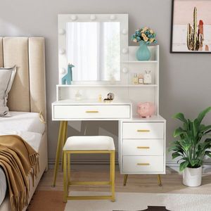 FCH Large Makeup Vanity Set with 9 LED Bulbs Cushioned <b>Stool</b> 3 Storage Shelves 4 Drawers <b>Dressing</b> <b>Table</b> and Dresser D - Product Image 1