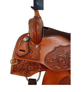อานม้าหนังแท้สไตล์ตะวันตกสำหรับแข่งม้า ลายดอกไม้และตะกร้า ประดับโลหะแกะสลักลาย คอนโชส์สีน้ำตาล เบาะบุนวม พร้อมชุดอุปกรณ์ ขนาด 10"–18" - Product Image 4